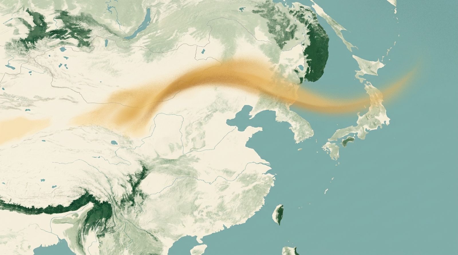 Aerial illustration of a dust plume sweeping from the Mongolian Gobi east across northern China and the Korean peninsula toward Japan.