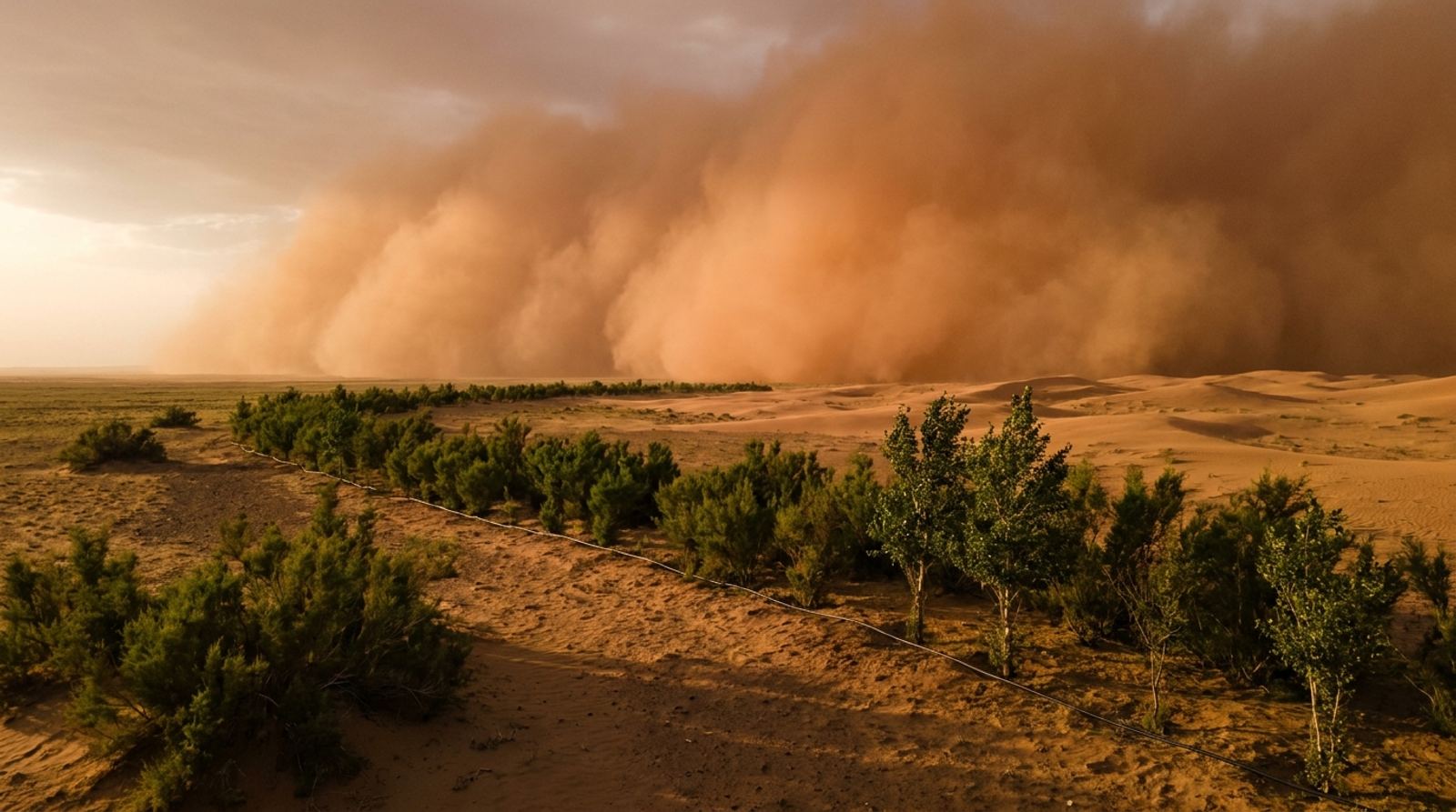 A shelterbelt of young elms and saxaul holds the line as a Gobi dust wall approaches — illustrative view of the intervention this page describes.